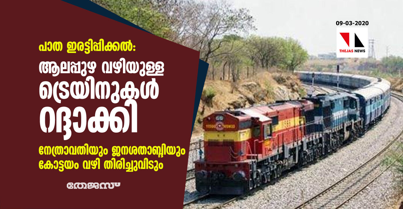 പാത ഇരട്ടിപ്പിക്കല്‍: ആലപ്പുഴ വഴിയുള്ള ട്രെയിനുകള്‍ റദ്ദാക്കി; നേത്രാവതിയും ജനശതാബ്ദിയും കോട്ടയം വഴി തിരിച്ചുവിടും