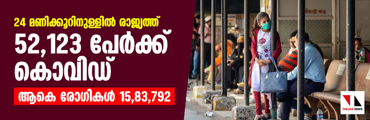 24 മണിക്കൂറിനുള്ളില്‍ രാജ്യത്ത് 52,123 പേര്‍ക്ക് കൊവിഡ്, ആകെ രോഗികള്‍ 15,83,792