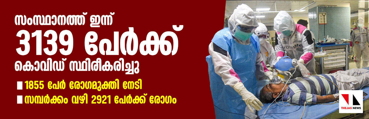 സംസ്ഥാനത്ത് ഇന്ന് 3,139 പേര്‍ക്ക് കൊവിഡ്; 2,921 സമ്പര്‍ക്കരോഗികള്‍, 1,855 പേര്‍ രോഗമുക്തരായി