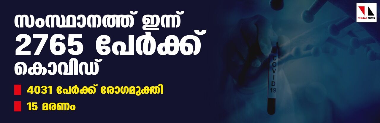 സംസ്ഥാനത്ത് ഇന്ന് 2765 പേര്‍ക്ക് കൊവിഡ്,  4031 പേര്‍ രോഗമുക്തി നേടി;   ചികിത്സയിലുള്ളവര്‍ 45,995;   ആകെ രോഗമുക്തി നേടിയവര്‍ 10,16,515